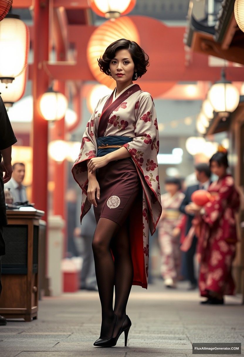 Ellen Page is standing in a geisha outfit in the character environment, short curly hair, pantyhose, stiletto pumps.