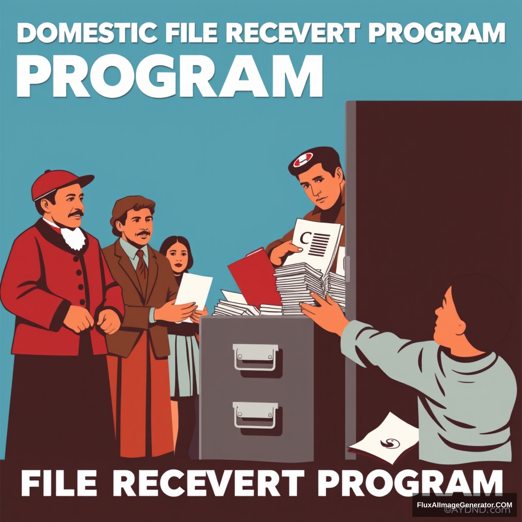 "Create a propaganda poster for a program called: Domestic File Recovery Program. The poster should depict historical figures from Guanajuato and other citizens depositing documents into a filing cabinet." - Image