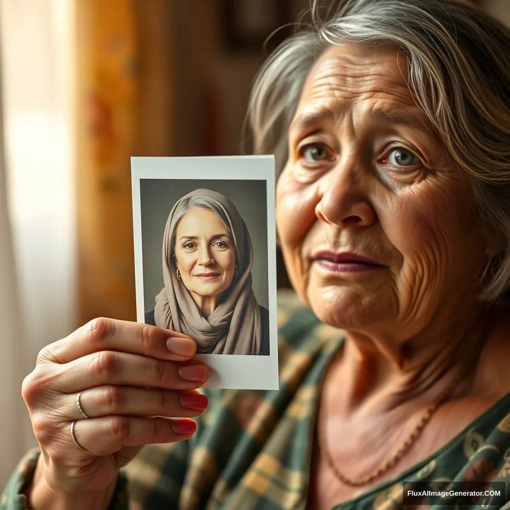 A mother is holding a photo, and the content of the photo is a mother holding a photo.