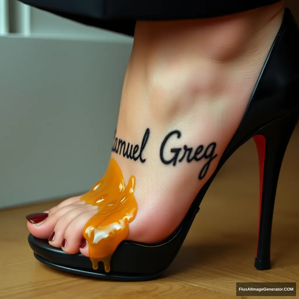 The name "Samuel Greg" on a woman's foot in a black high heel. There is oil all over the foot.