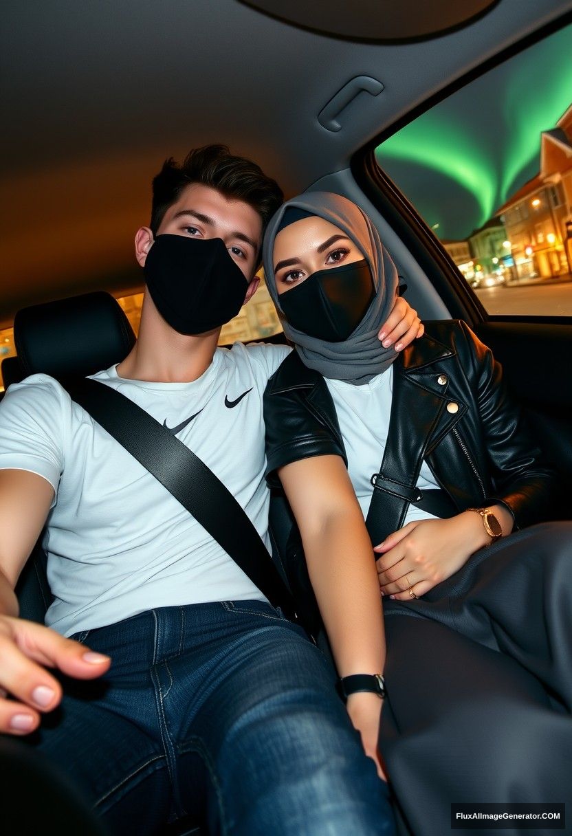 Jamie Dornan, tall, young, wearing a black face mask, a white Nike t-shirt, and jeans, dating a beautiful Muslim girl in a grey hijab with lovely eyes, also wearing a black face mask, a leather jacket, and a very long and wide skirt. She is not tall. They are sitting together in a car, her head resting on his shoulder, in a town setting, photorealistic selfie photos, at night with an aurora borealis. - Image