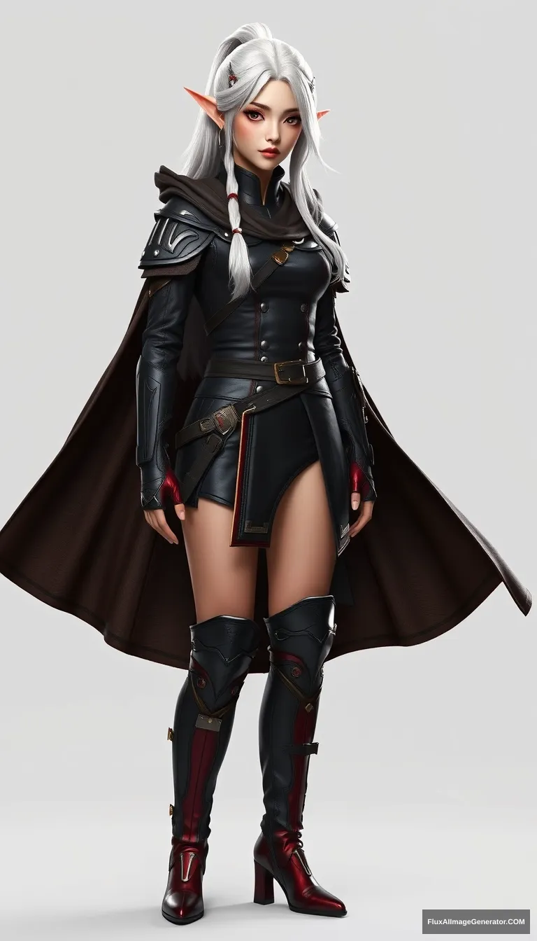 gorgeous and elegant girl elf warrior (Tang Wei), full body shot, platinum colored hair, black metallic military uniform, reddish military metallic boots, dark brown cloak, hyper-realistic photo, 8K, unreal engine.