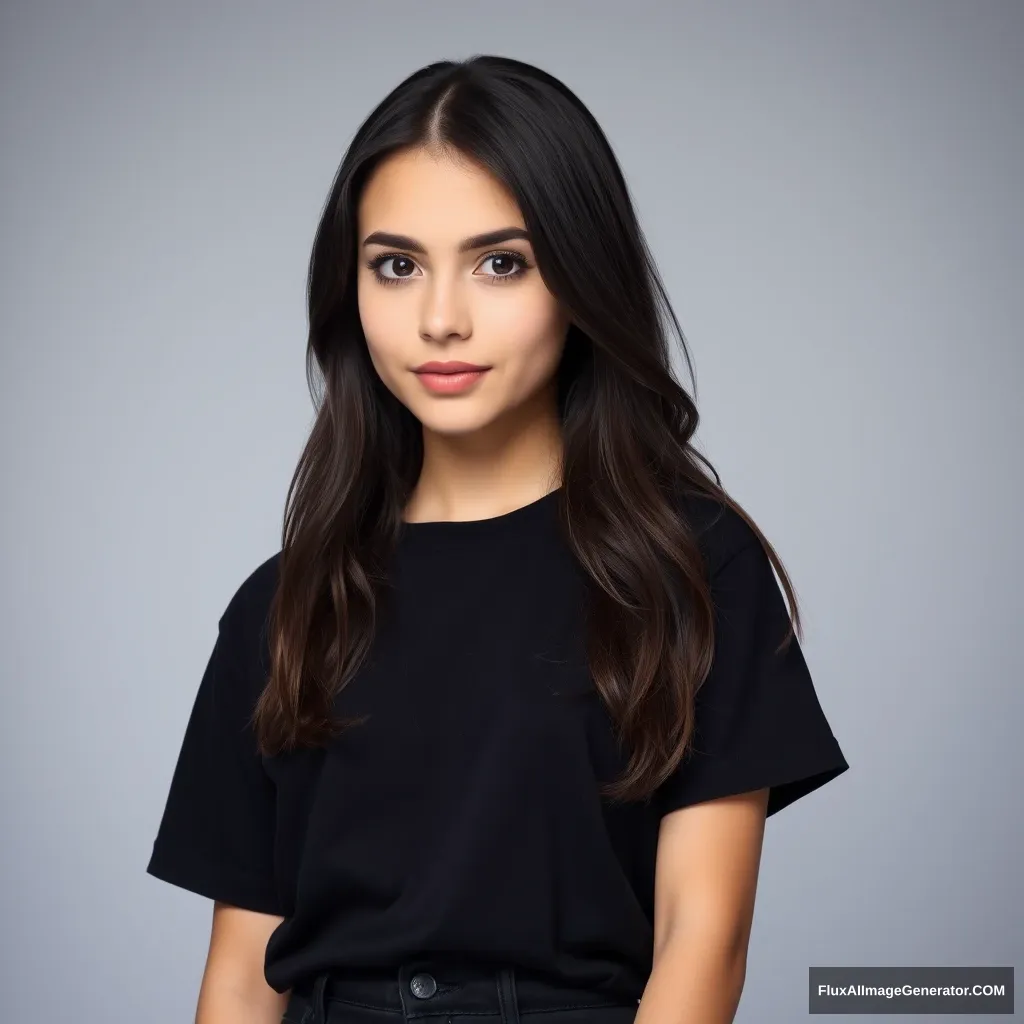 Beautiful teenage woman with dark hair and dark eyes, wearing a simple black t-shirt, black jeans, and black styled sneakers, professional photo. - Image