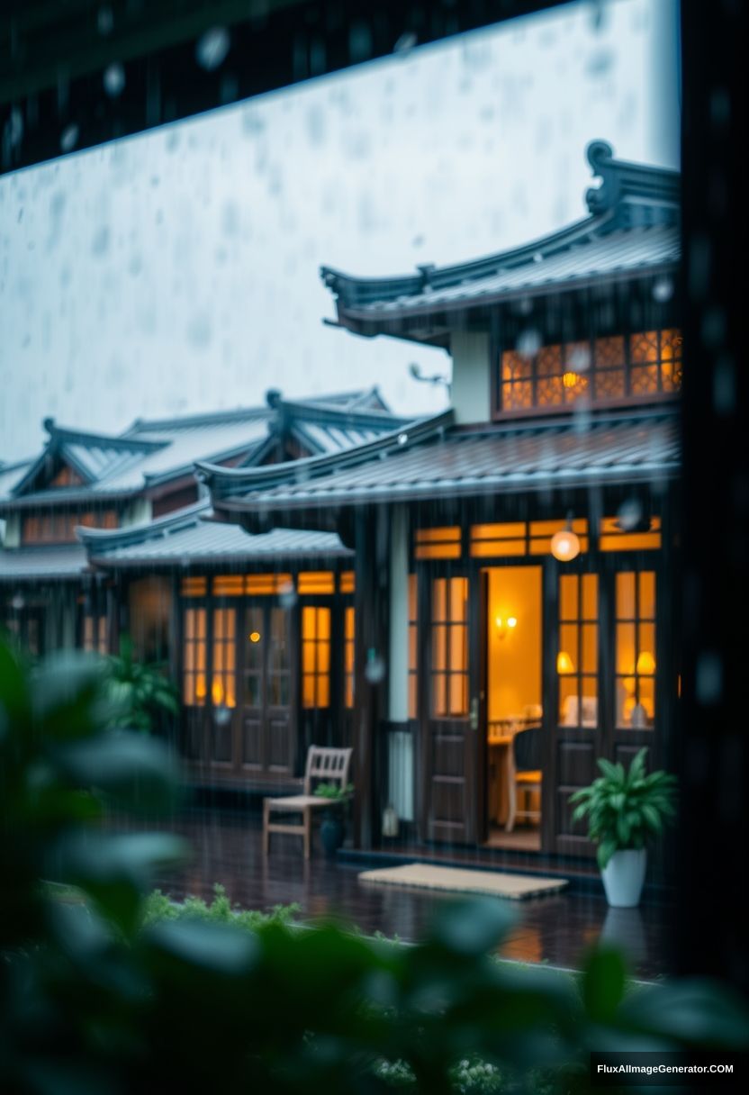 Outside view, rainstorm, a total of oriental cabins, exquisite detail design house, warm colored lighting window, aesthetic sense, depth of field, foreground blur, comfortable, comfortable, relaxed, master composition.