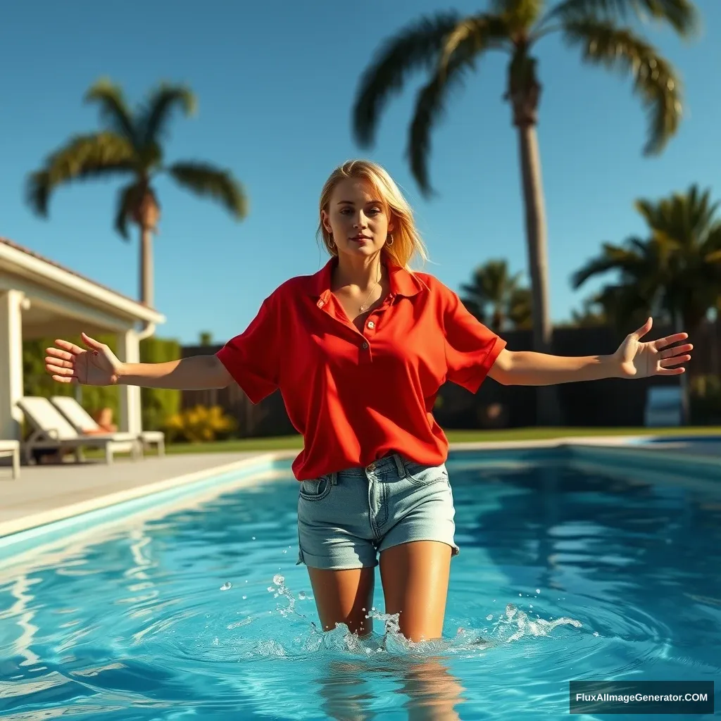 Front view of a young blonde skinny woman with very skinny legs and a good tan is in her early twenties, standing in her massive backyard. She is wearing a massively oversized red polo t-shirt that is slightly off balance on one shoulder, and both her collar and the bottom part of her t-shirt are NOT tucked in. She is also wearing large-sized light blue denim shorts and has no shoes or socks. She trips and lands in the pool, making a big splash when her arms hit the water.