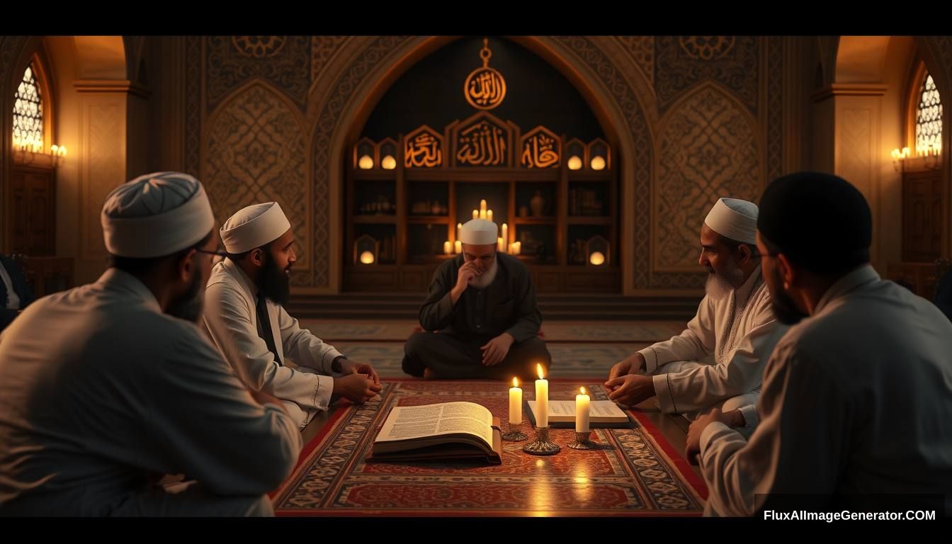 A reflective scene showing a group of Muslims contemplating and discussing the story of Tamim ad-Dari and Dajjal, set in a peaceful, scholarly environment. Ultra HD, realistic, contemplative, with warm and cinematic lighting. - Image