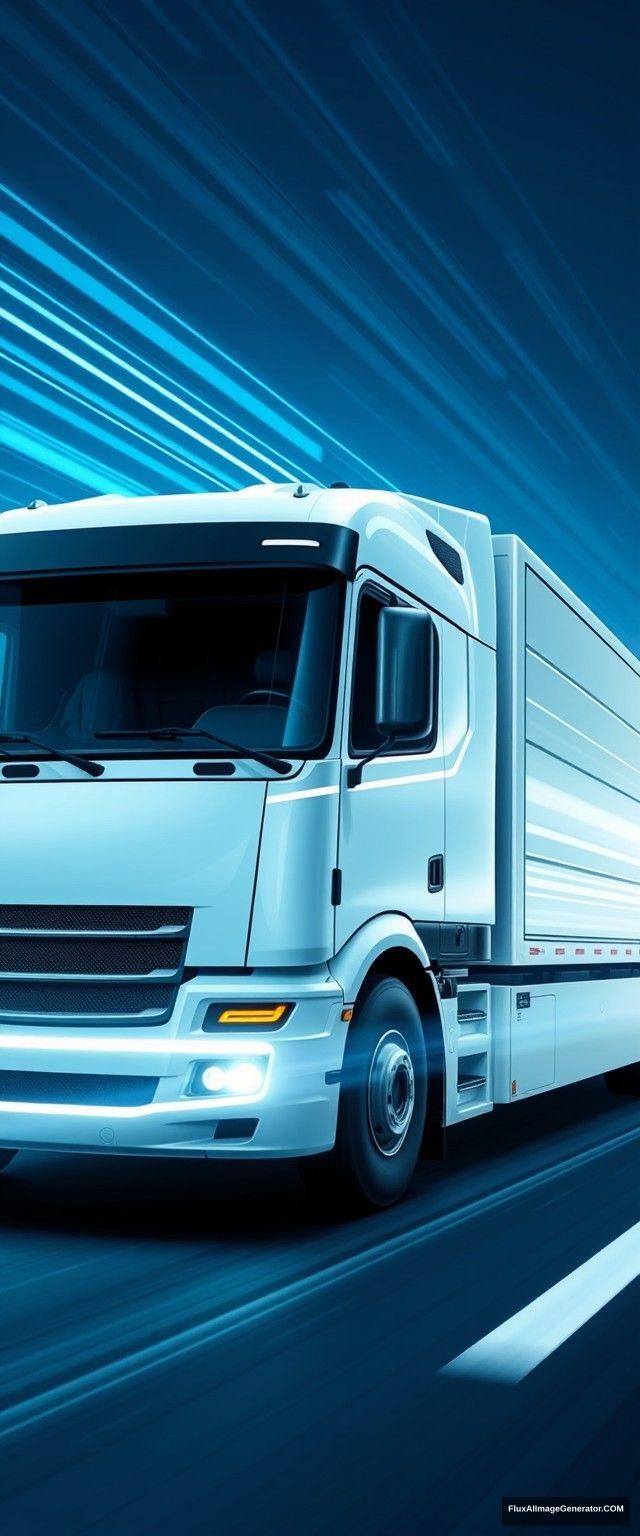 The truck has simple and dynamic lines, driving high-tech trucks, speed lines, glow, the overall picture is bright and clean, full of a sense of the future, a sense of technology, a sense of blue atmosphere.