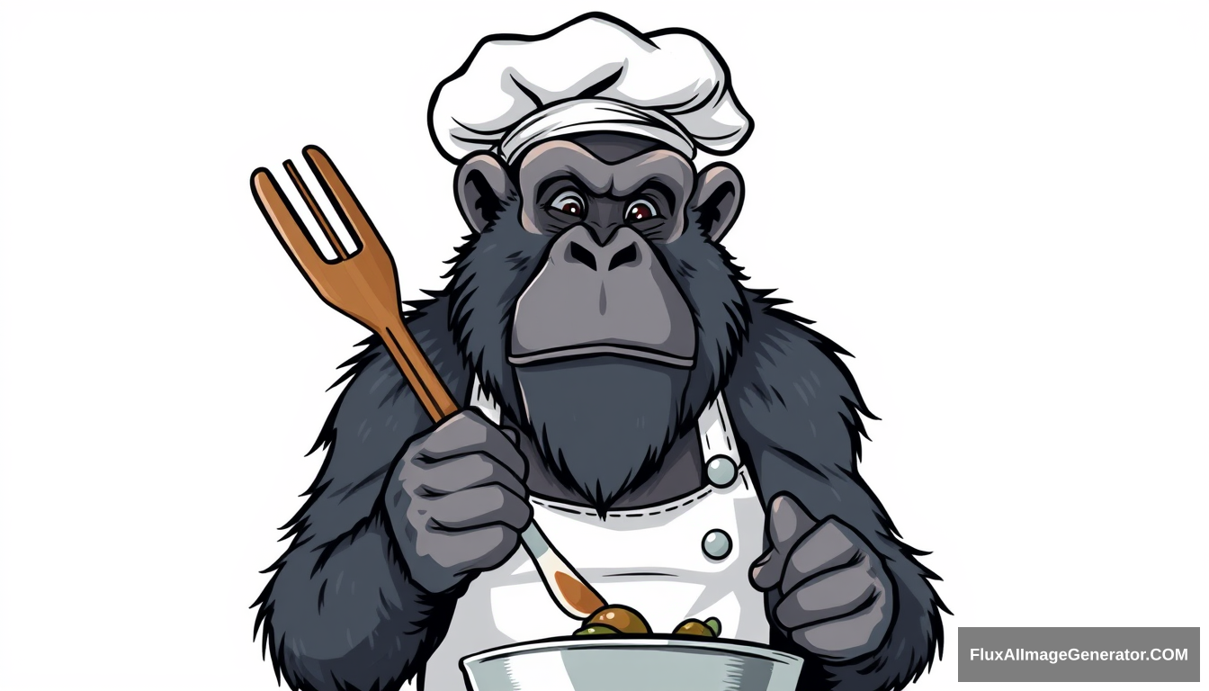 cartoon gorilla man dressed like a chef, cooking, white background - Image