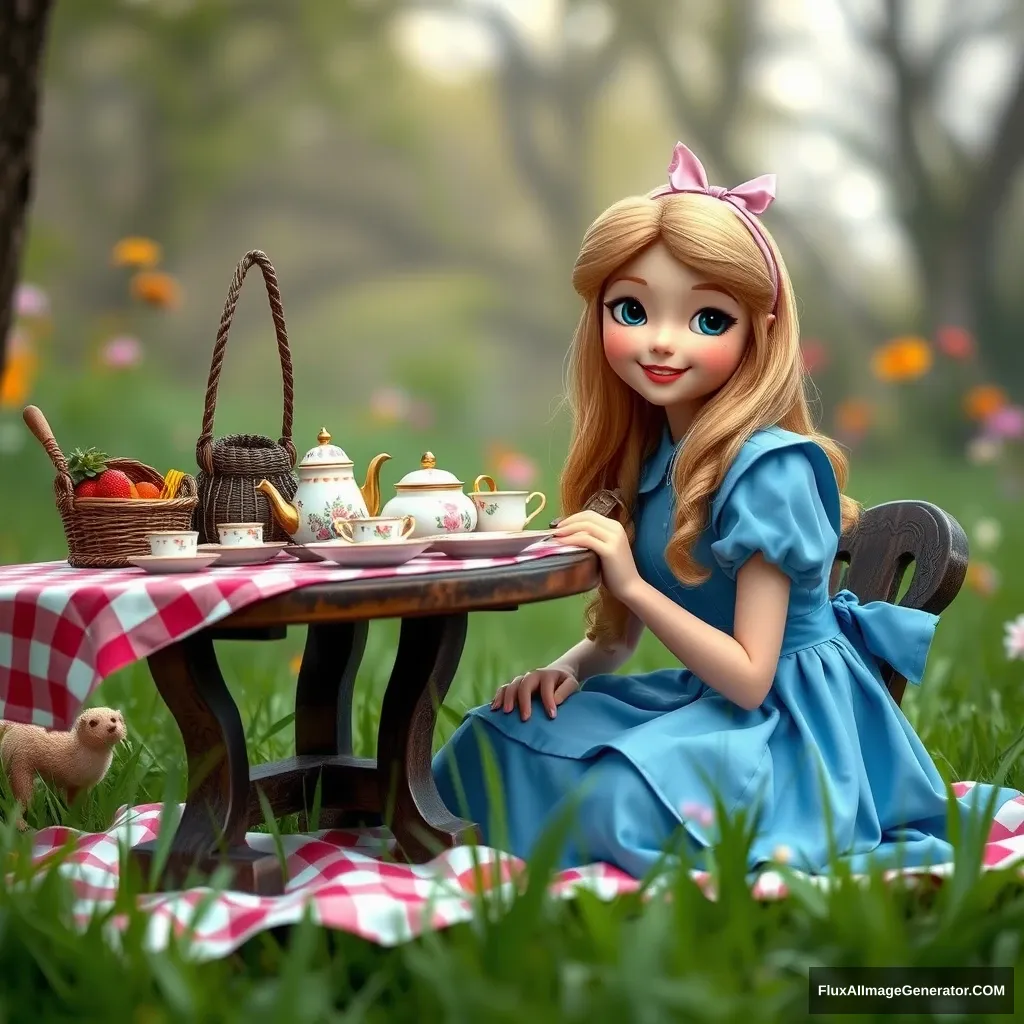 "Otter Alice in Wonderland real photo tea table picnic, blue dress, smile grass." - Image