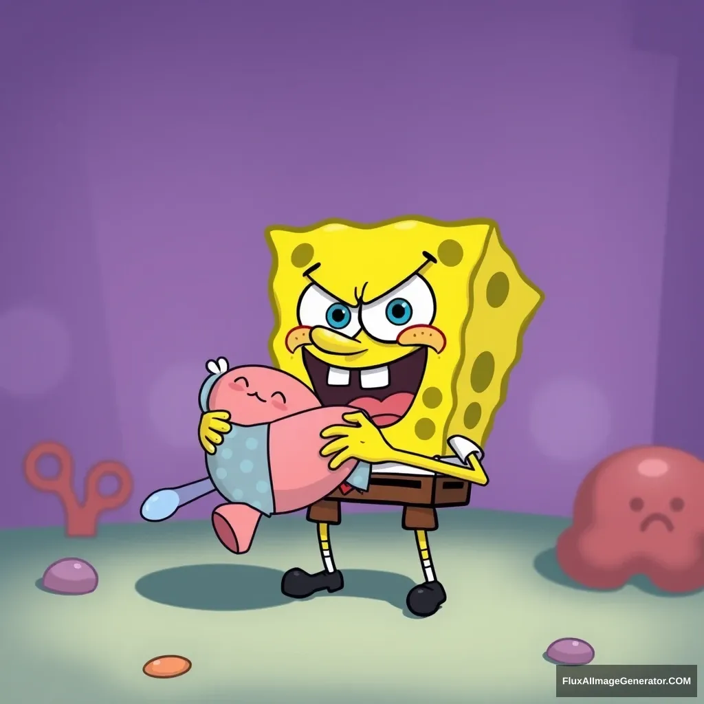 Angry SpongeBob kidnaps baby. - Image