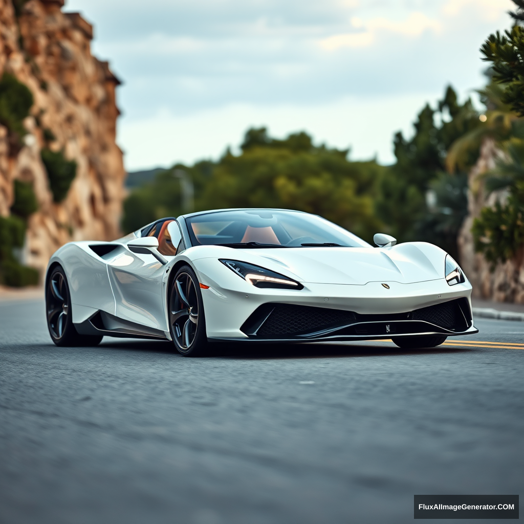 White realistic sports car, traveling on the roads of Costa Smeralda, Sardinia. REALISTIC, the car should resemble a falcon a bit, especially the headlights.