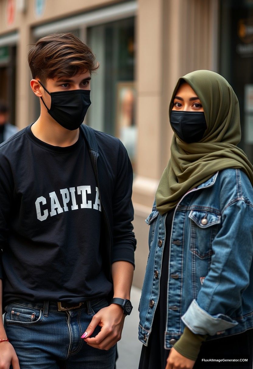 Jamie Dornan, young, black face mask, black t-shirt, capital A collage jacket, jeans, red sneakers, dating a beautiful Muslim girl in an army green hijab, with beautiful eyes, black face mask, denim jacket, longest skirt, not tall girl, photorealistic, street photography, full photography.