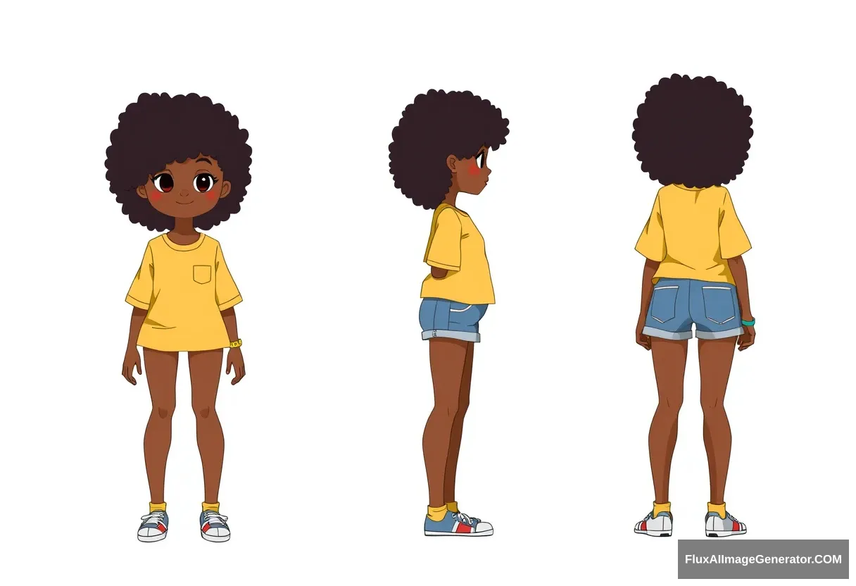 Front, side, and back profile character sheet, girl in yellow shirt with jean shorts, afro hair covering eyes. - Image