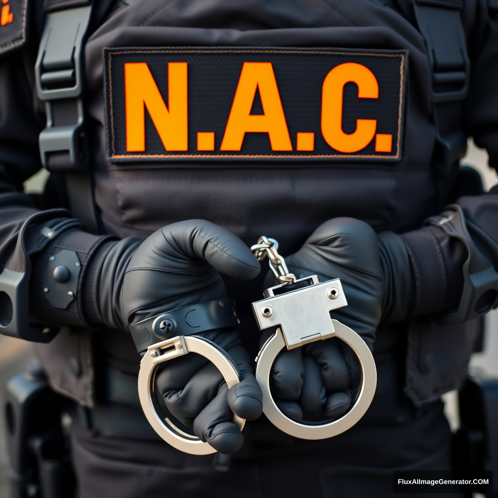 A soldier in black gear with the black and orange inscription N.A.C. is placed in steel handcuffs, a shot of his hands in gloves and handcuffs behind his back.