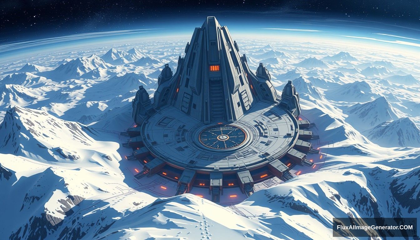 Cel-shaded art, wide shot, from above, Dutch angle, from the side, perspective, intense angle, depth of field, a sci-fi center on the top of a snow mountain.