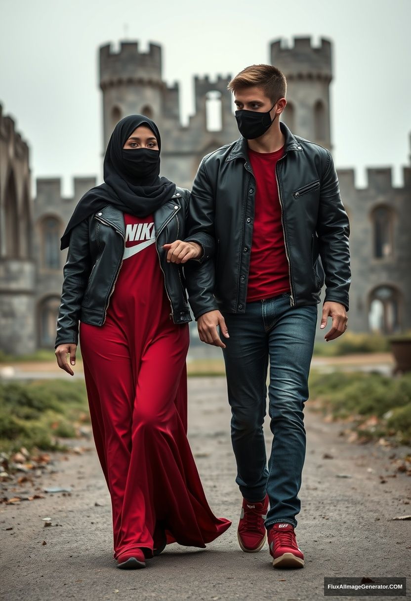 A big black hijab girl, beautiful eyes, black face mask, black leather jacket, the longest and biggest red dress, not tall, walking near him and in love, holding his arm, love couple.

Jamie Dornan, handsome, youngest, black face mask, fit and tough body, red Nike t-shirt, black leather jacket, jeans, red sneakers, tall man, walking near her, love couple.

Hyper realistic, photorealistic, studio photography, exploring Victoria's abandoned castle, gloomy.