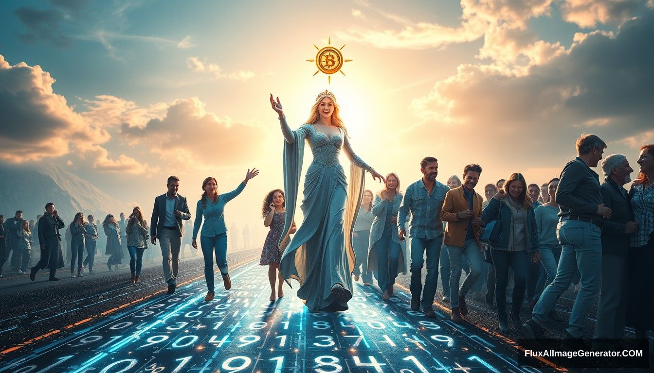 Hyper-realistic style featuring a powerful and inspiring image depicting the concept of blockchain and decentralization. In the foreground, a futuristic and sci-fi styled goddess symbolizing blockchain and decentralization leads the people towards a bright future. She stands on a digital road made of glowing lines and various random characters, including 0s and 1s, symbolizing the path of digitalization. She is surrounded by families and individuals of predominantly European descent who are joyous and supportive, embracing and helping each other. The scene is grand and panoramic, with light shining from the front, illuminating the entire scene.