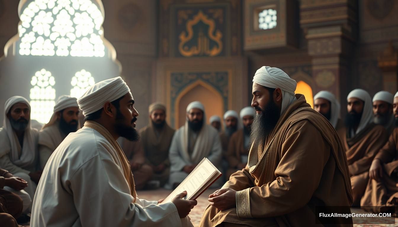 Tamim ad-Dari reporting his experience to a boy in Arabic in a serene mosque setting, with the Prophet surrounded by his companions, all listening intently. Ultra HD, realistic, serene, with warm and cinematic lighting. - Image