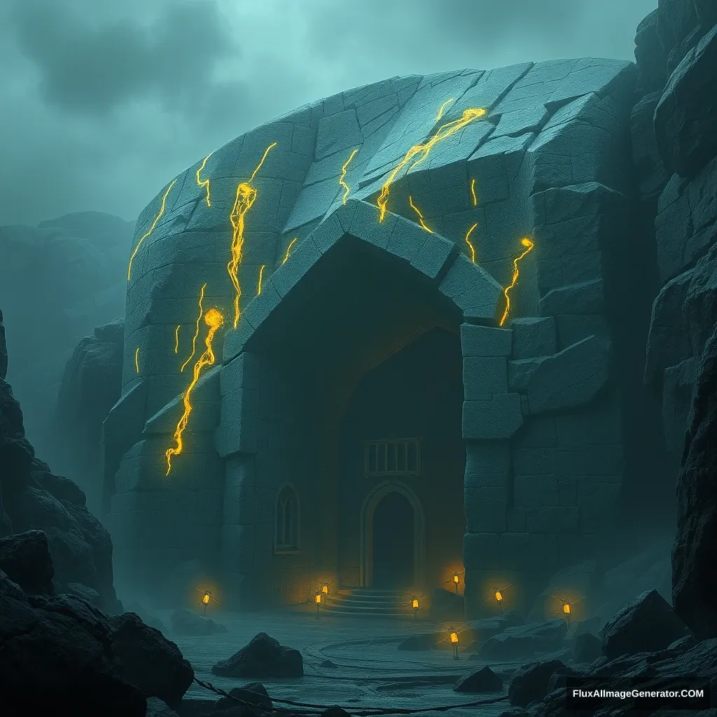 Giant stone aperture covered in glowing runes lit in the half light of mining lamps, ominous and imposing. - Image