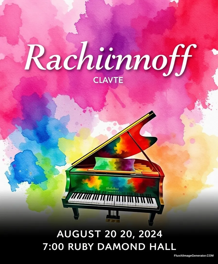 Title: “Rachmaninoff” displayed at the top center

Include the following texts on the bottom of the poster:
“August 20, 2024”  
“7:00 PM”  
“Ruby Diamond Hall”  

Visual Elements: A grand piano centered at the bottom with vigorous colors watercolor style.