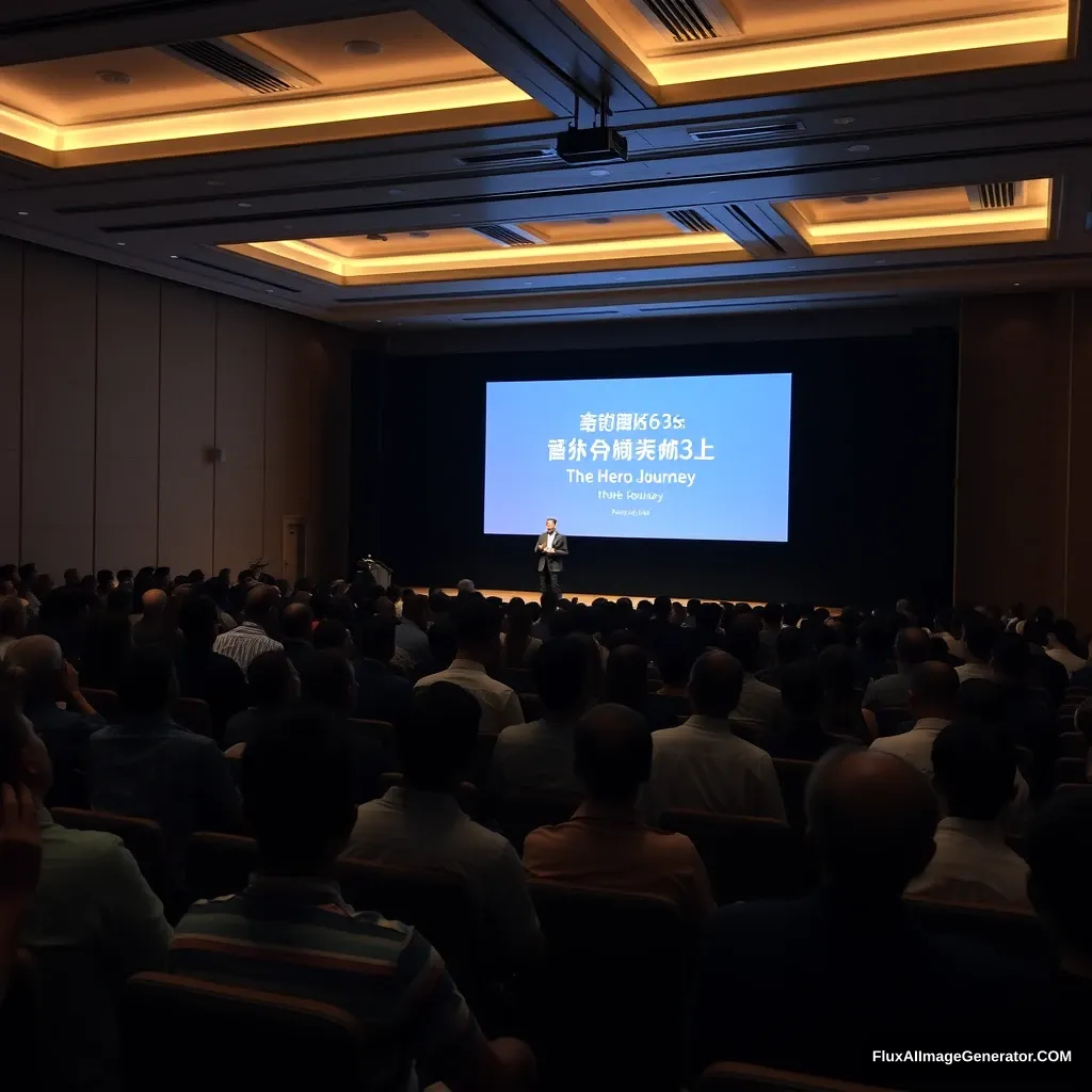 A large conference room is packed with an audience. On stage, a speaker stands in front of a big screen that displays the text "Starting from Zero with K8s: The Hero's Journey" in Chinese. The audience is fully engaged, attentively listening to the speaker's presentation. The room is dimly lit, but the lights on stage are bright, illuminating both the speaker and the screen. This image conveys an atmosphere of knowledge sharing and learning.