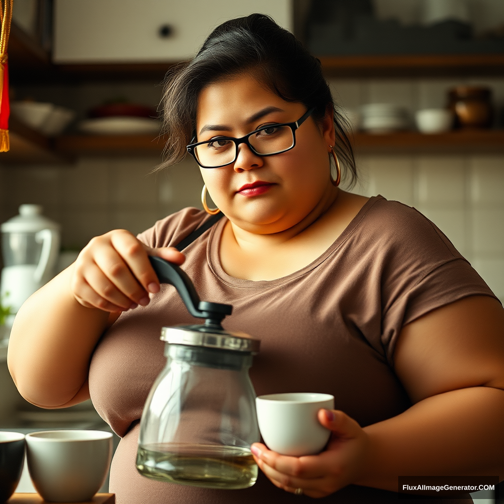 One chubby woman making coffee, gazing into the camera, low resolution fidelity, unique.