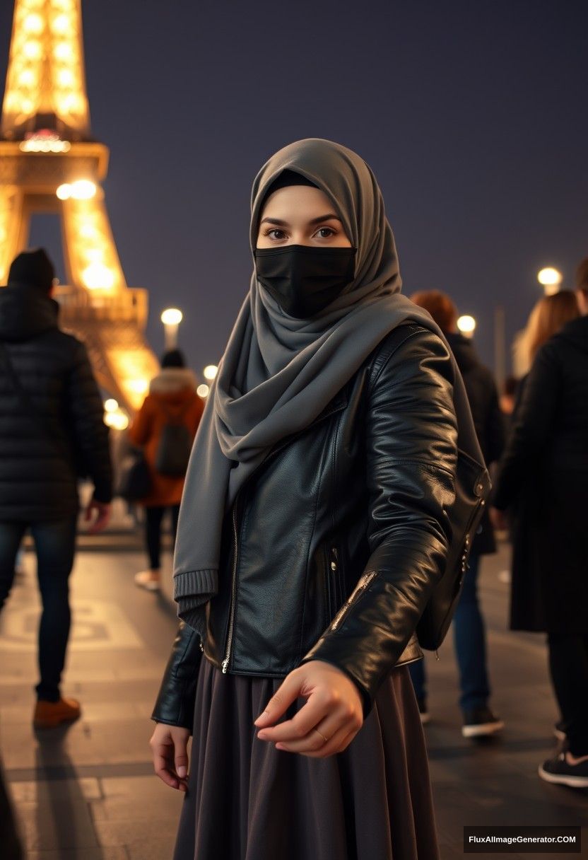 Biggest grey hijab Muslim girl, beautiful eyes, face mask black, leather jacket, biggest longest skirt, standing near Eiffel Tower, night scenery, strangers back, hyper-realistic, photorealistic, street photography, holding someone's hand from opposite.