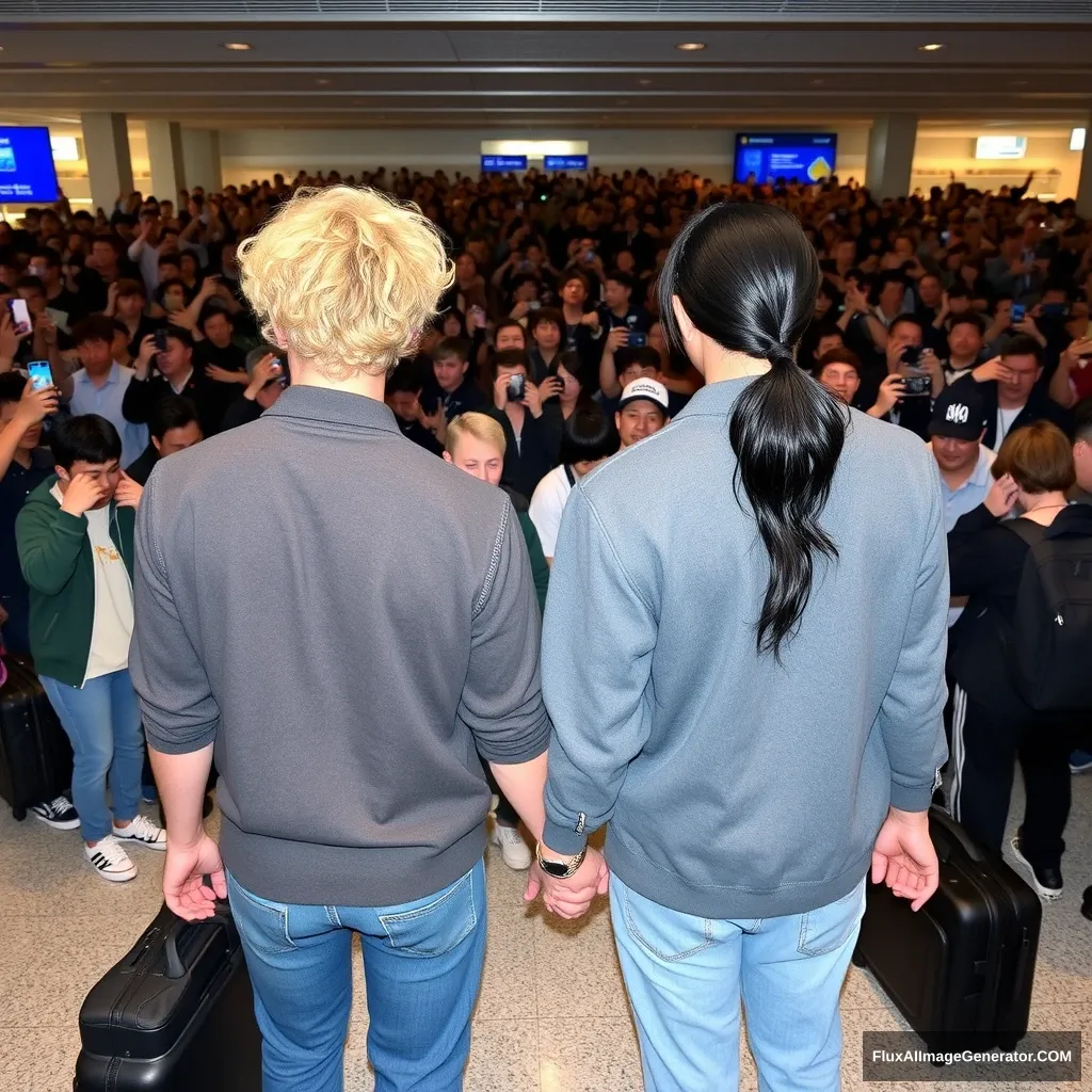 A man with curled, blonde, ear-length hair and a man with low pony-tailed ebony hair are holding each other's hands in front of a huge crowd of fans at the airport, showing their backs. Both are styled like K-pop idols, and the blonde man is taller.