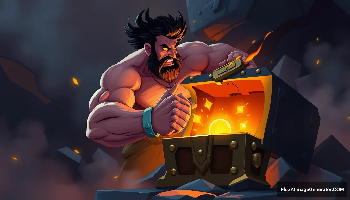 Cel shaded art, a strong man opening a magic chest, glowing, evil, positive shot. - Image