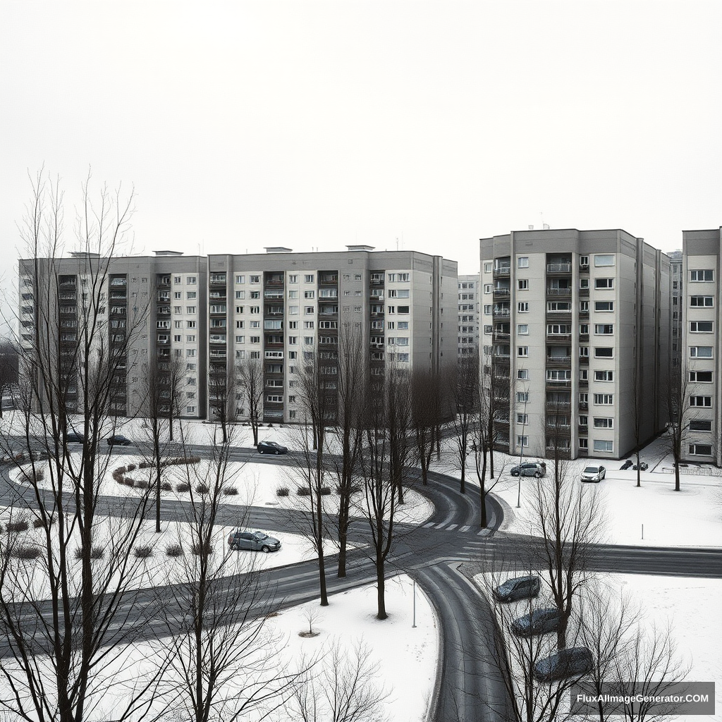 Generate a photograph in the style of New Topographics photographers like Stephen Shore and Mark Power. The subject is a housing estate in Poland, featuring eleven-story concrete panel buildings built in the 1980s. The image should be devoid of people. The sky can be overcast and the season is winter. The buildings are grey in color. Focus on the stark geometry and repetitive patterns of the architecture, highlighting the mundane and overlooked aspects of the urban environment. Consider incorporating elements like bare trees, parked cars, snow on the ground, and the general bleakness of the winter landscape. The overall aesthetic should be objective and documentary-style, emphasizing the unromanticized reality of the scene. - Image