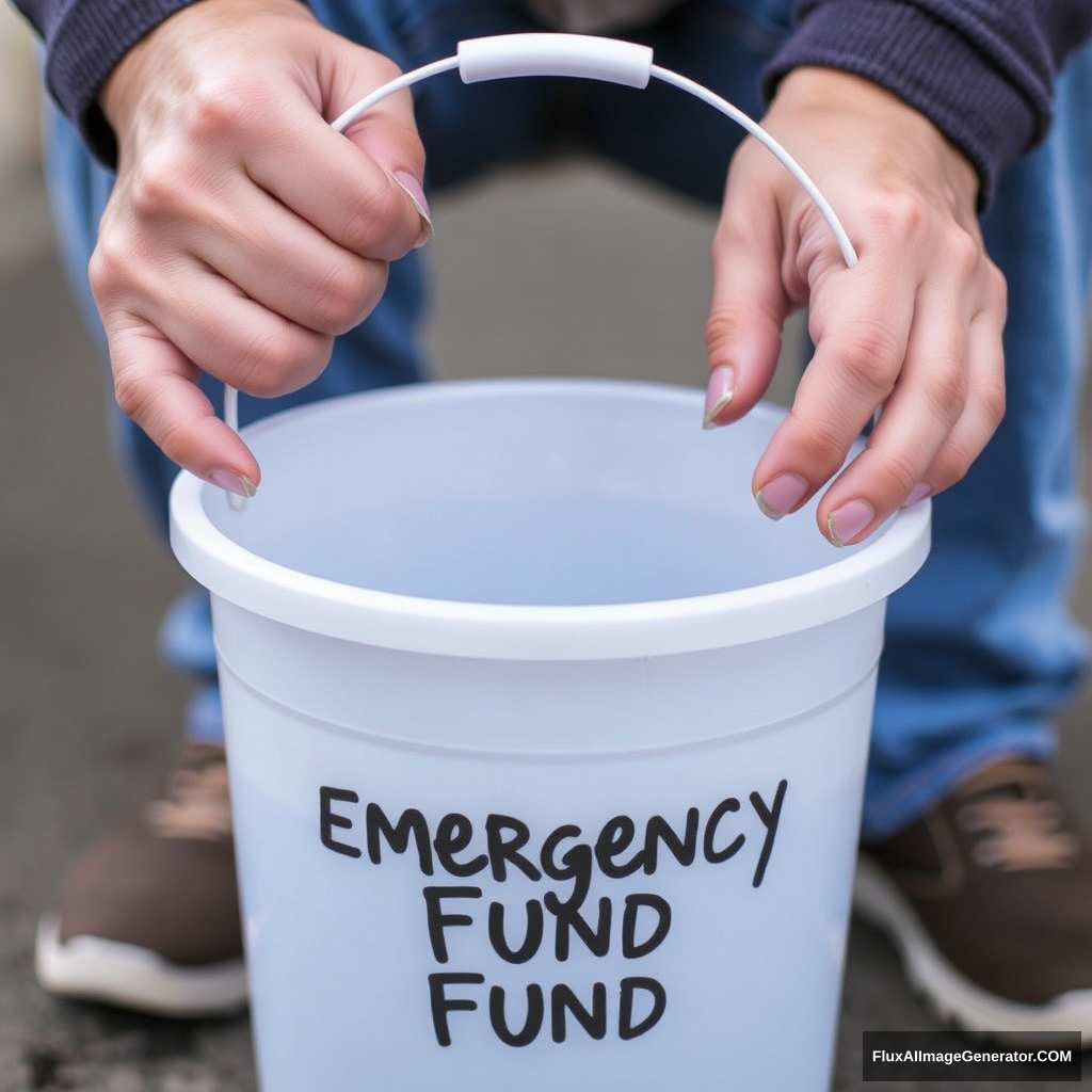 A person trying to fill a leaky bucket labeled "Emergency Fund". - Image