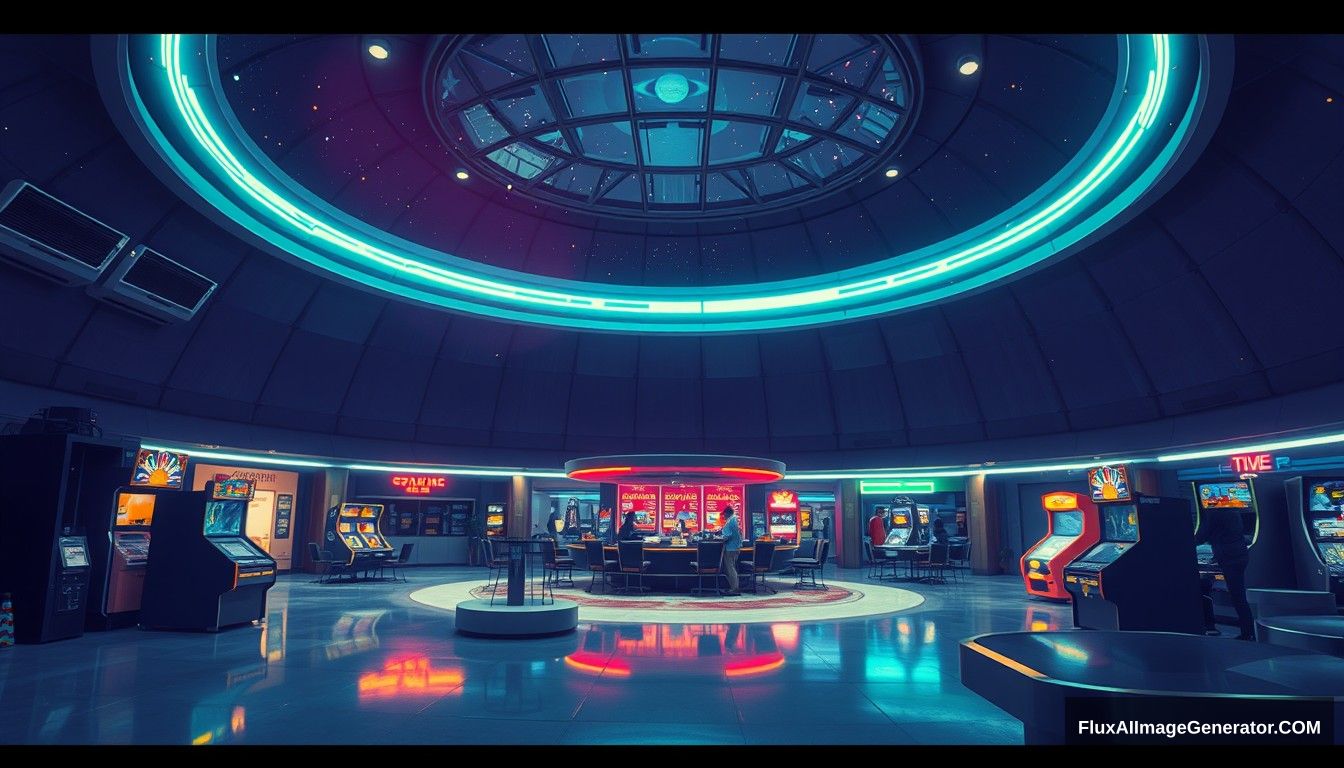 Cel shaded art, wide shot, from above, Dutch angle, from the side, perspective, intense angle, depth of field
space, universe, space station, lobby, sunlight, retro, 70s, indoor, night, star, neon, warm light, game room, entertainment, glass ceiling. - Image