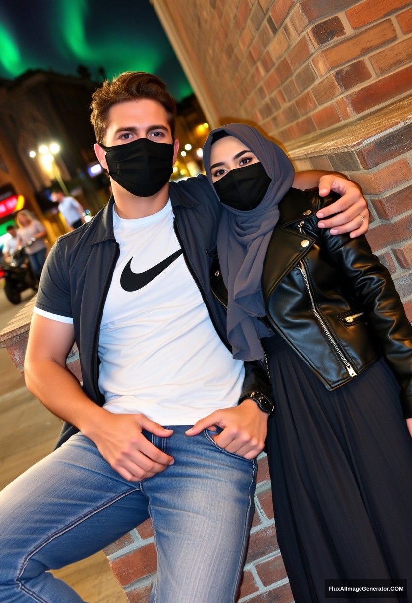 Jamie Dornan, tall and handsome, wearing a black face mask, a white Nike T-shirt, and jeans, is dating a beautiful Muslim girl in a grey hijab, who has beautiful eyes and is wearing a black face mask and a leather jacket, with a very long and large skirt. She is not tall. They are laying against a brick wall in town, captured in a photorealistic style, with street photography and selfie photos in a night scene with auroras.