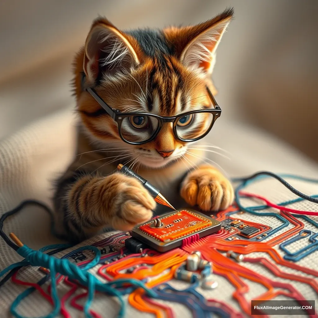 A mischievous tabby cat, wearing tiny spectacles, meticulously solders a circuit board with a miniature iron. Vibrant threads weave intricate patterns, mimicking electronic pathways. Soft fabric backdrop, warm lighting. Delicate French knots form components. Style: Hyper-realistic embroidery art, blending traditional craftsmanship with modern technology.