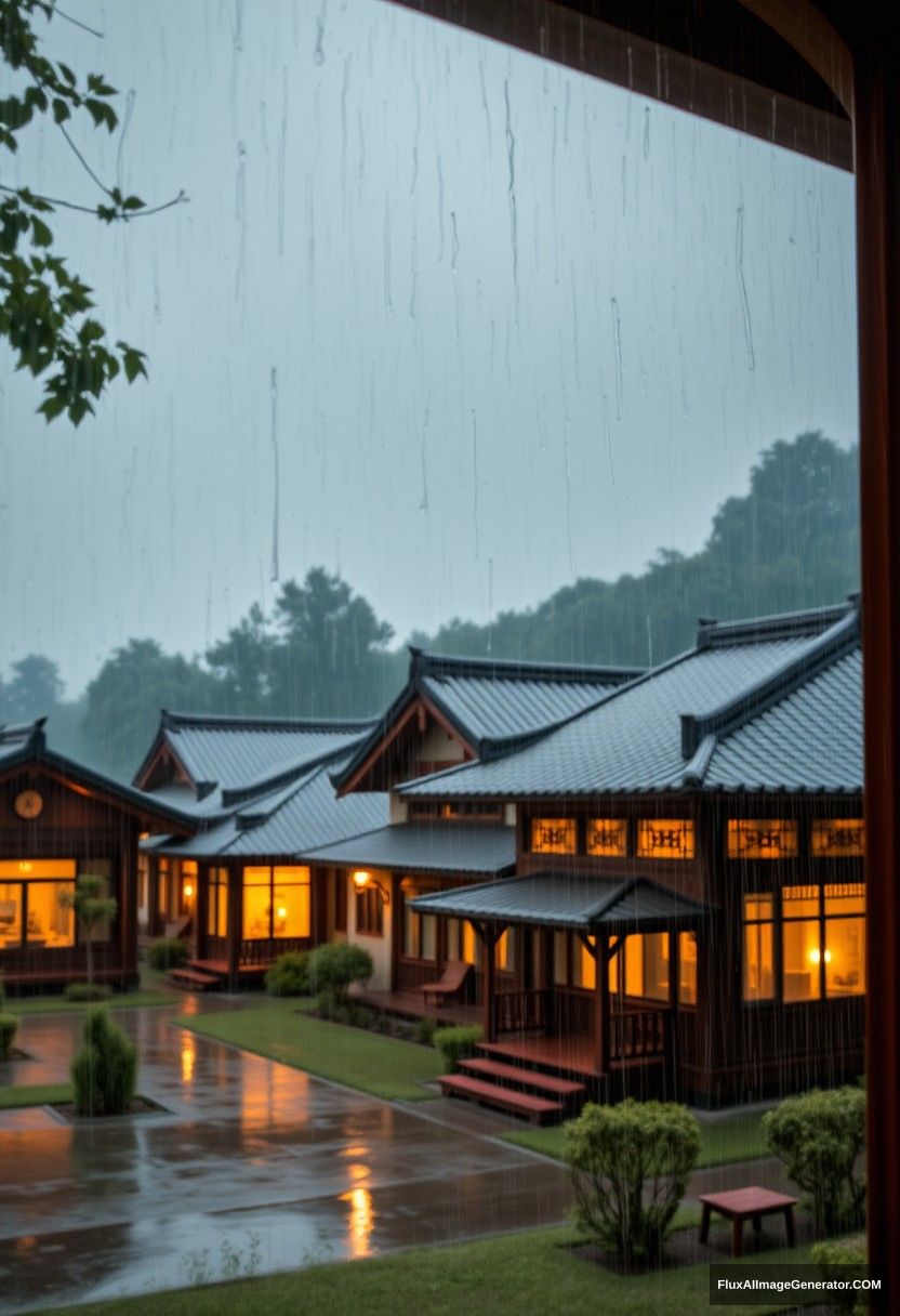 Outside view, rainstorm, a total of oriental cabins, exquisite detailed design house, warm colored lighting window, aesthetic sense, relaxed, master composition.