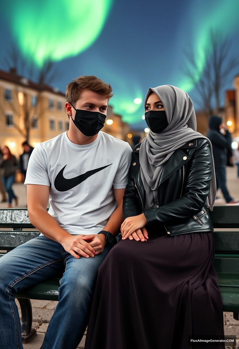 Jamie Dornan, tall and young, wearing a black face mask, a white Nike T-shirt, and jeans, dating a beautiful Muslim girl in a grey hijab with striking eyes, also in a black face mask and a leather jacket, wearing the longest and largest skirt, who is not tall. They are sitting together on a park bench, talking to each other in the town, with strangers in the background. The scene is photorealistic, resembling street photography or selfie photos, set against a night scenery featuring the aurora borealis.