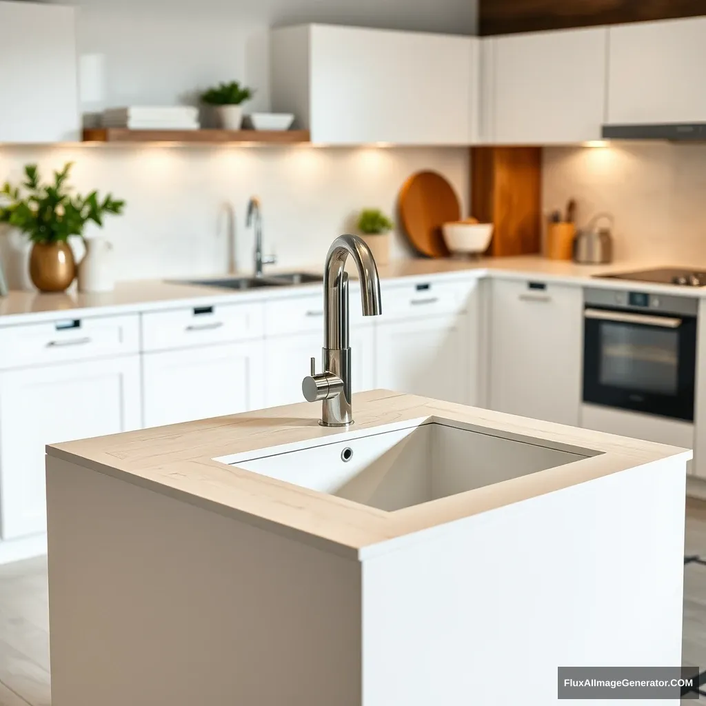 podium kitchen sink in white, kitchen in the background