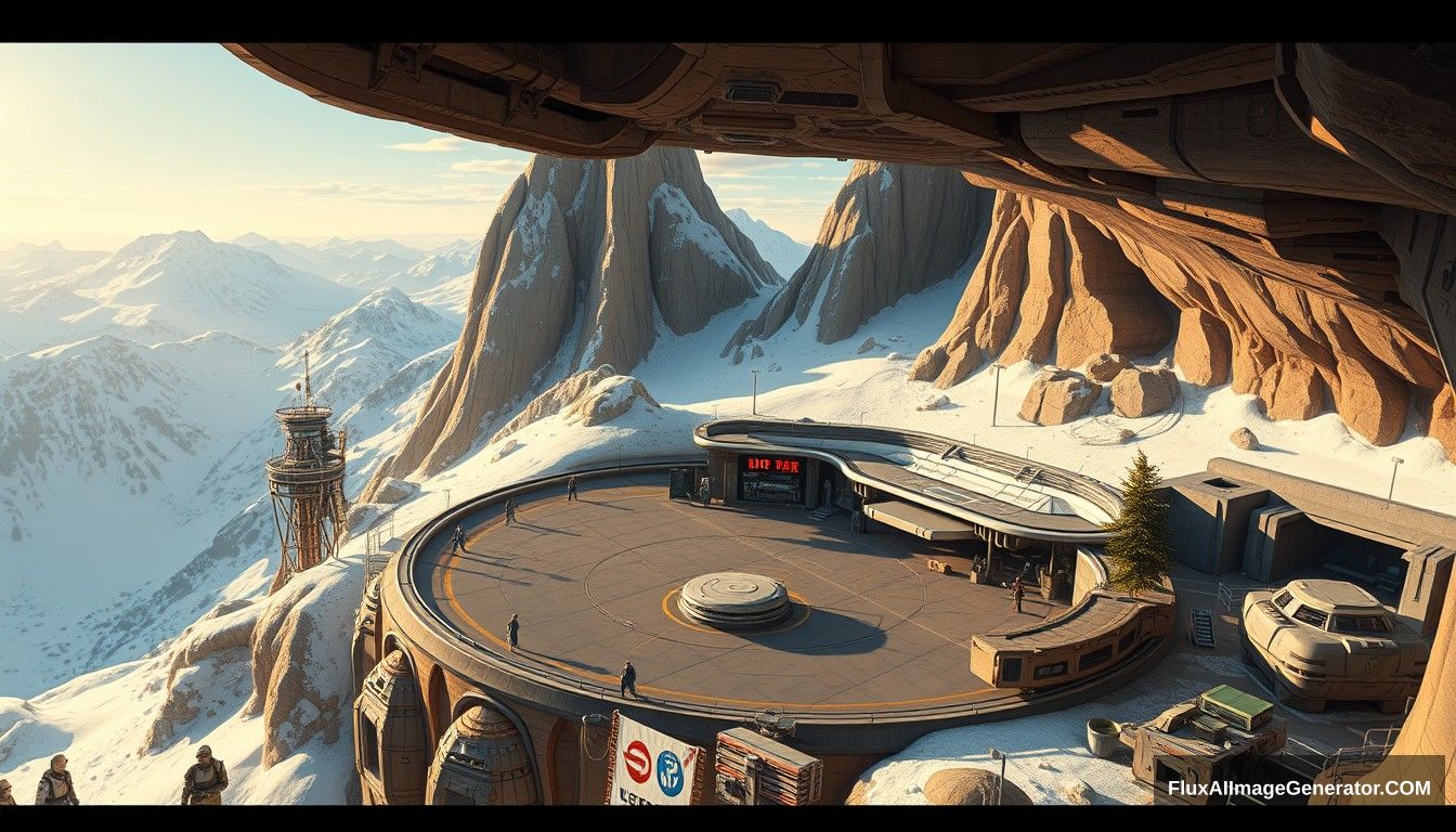 Cel-shaded art, wide shot, a sci-fi center on the top of a snow mountain, open air, close look, cyberpunk, military base, Star Wars style, indoor, patio, morning, sunlight, fortress, mountain, rock, snow, tarmac, parking apron, cave, tree, landing field, cliff, round shape, tower. - Image