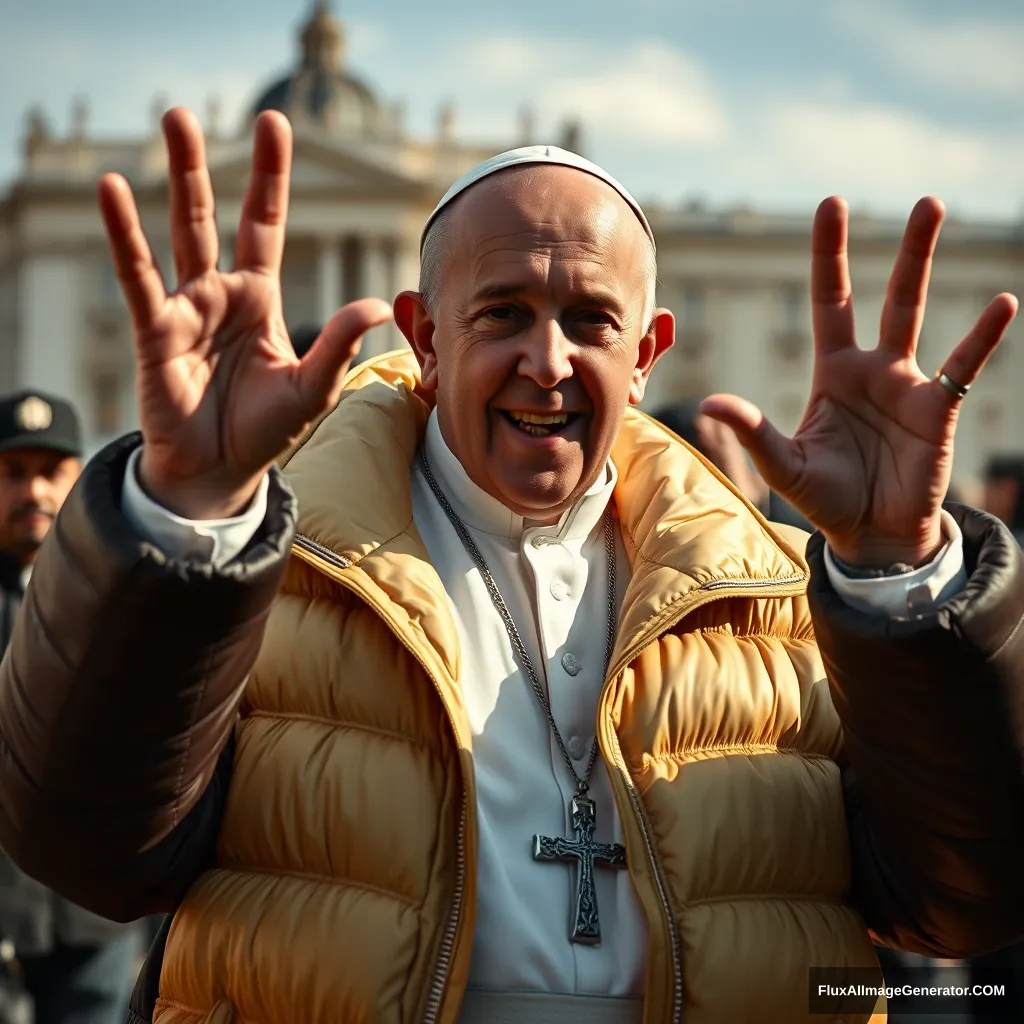 Catholic Pope Francis wearing a Balenciaga puffy jacket in a drill rap music video, throwing up gang signs with his hands, taken using a Canon EOS R camera with a 50mm f/1.8 lens, f/2.2 aperture, shutter speed 1/200s, ISO 100 and natural light, Full Body, Hyper Realistic Photography, Cinematic, Cinema, Hyperdetail, UHD, Color Correction, HDR, color grading, hyper realistic CG animation.