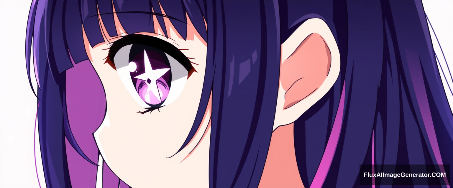 A beautiful young girl with dark-purple and pink-colored eyes with shiny white six-star pupils. She has long indigo and purplish hair that reaches her waist, with bangs that have pink streaks in them. Anime art style. - Image