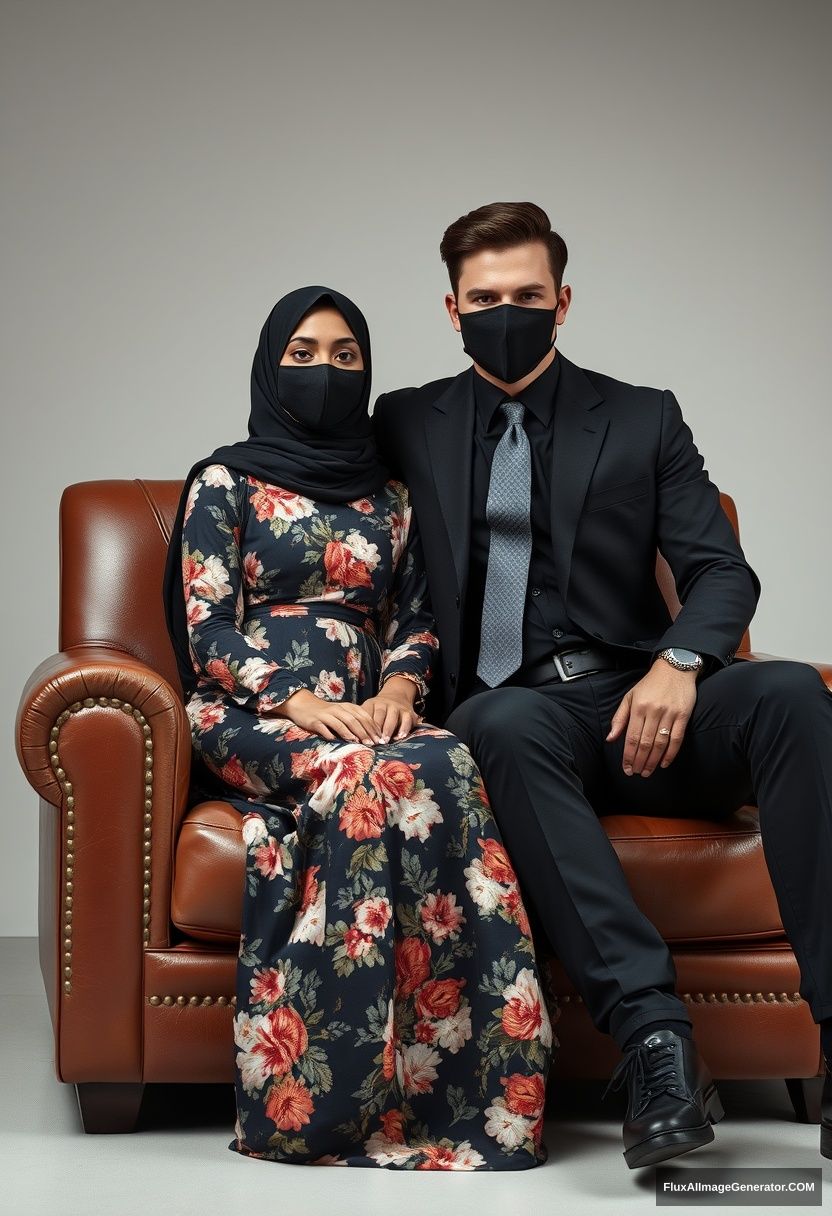 A biggest black hijab girl, slim girl, beautiful eyes, face mask black, biggest floral longest dress, sitting on leather single wing sofa,

Jamie Dornan, youngest, black suit coat, grey pattern tie, black leather sneaker, tall man, face mask black, tough body, sitting near her,

hyper realistic, studio photography. - Image