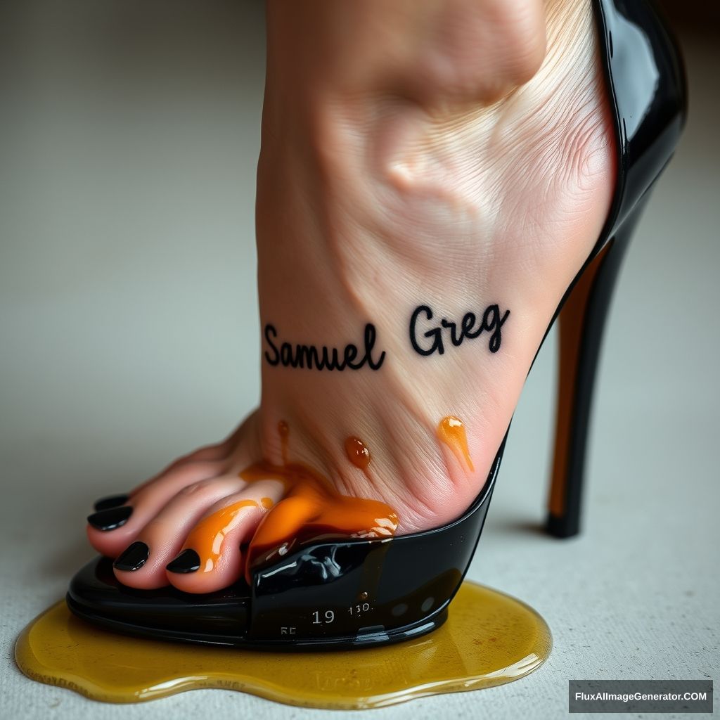 The name "Samuel Greg" on a woman's foot in a black high heel. There is oil all over the foot.