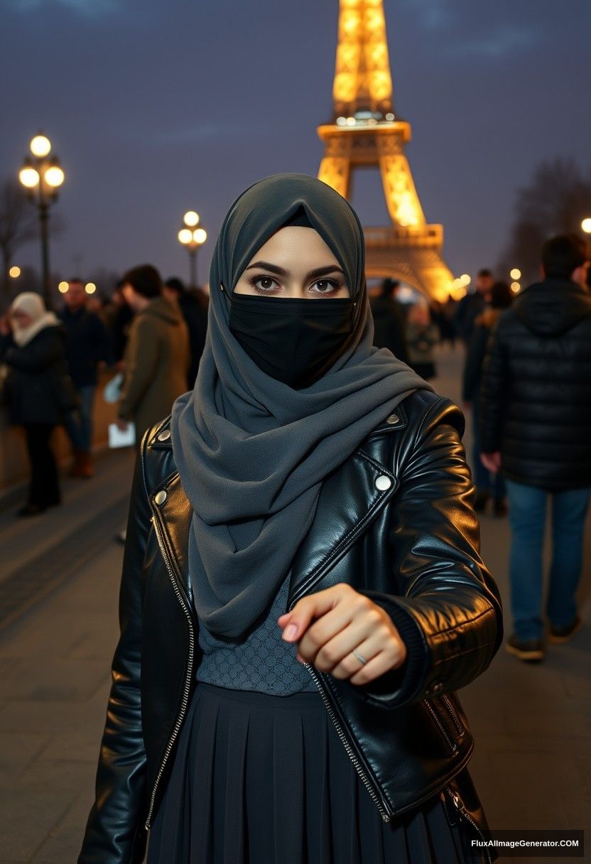 Biggest grey hijab Muslim girl, beautiful eyes, black face mask, leather jacket, biggest longest skirt, standing near the Eiffel Tower, night scenery, strangers in the background, hyper-realistic, photorealistic, street photography, hold someone's hand from the opposite side, come hold my hand. - Image