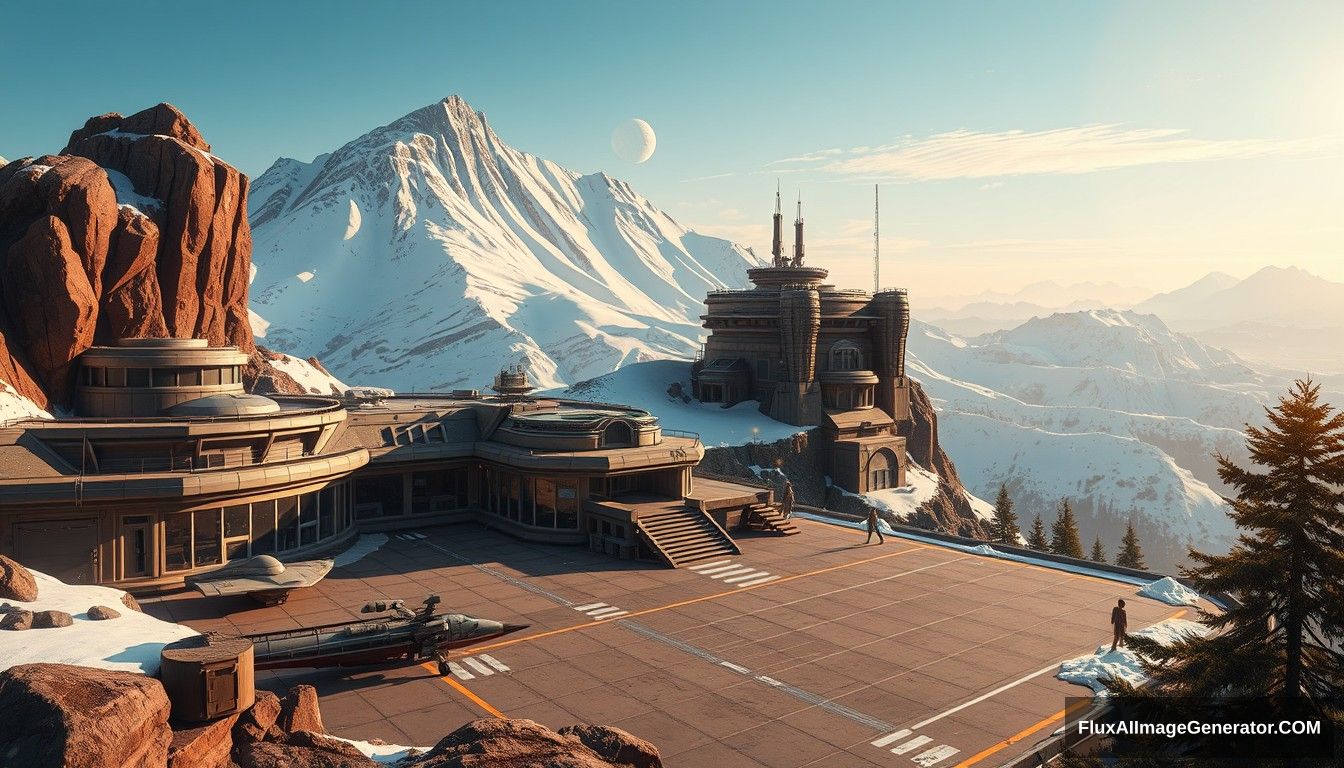 Cel shaded art, wide shot, a sci-fi center on the top of a snow mountain, open air, close look, cyberpunk, military base, Star Wars style, indoor, patio, morning, sunlight, fortress, mountain, rock, snow, tarmac, parking apron, cave, tree, landing field, cliff.