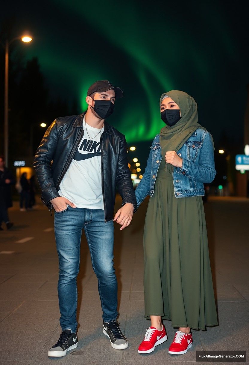 Jamie Dornan, handsome, wearing a leather cap, black face mask, white Nike t-shirt, jeans, sneakers, dating romantically with an army green hijab-wearing Muslim girl, who has beautiful eyes, a black face mask, a jeans jacket, and a very long skirt. She is not tall and wears red sneakers, holding hands. Photorealistic street photography, full photography, selfie photos, night scenery, aurora.