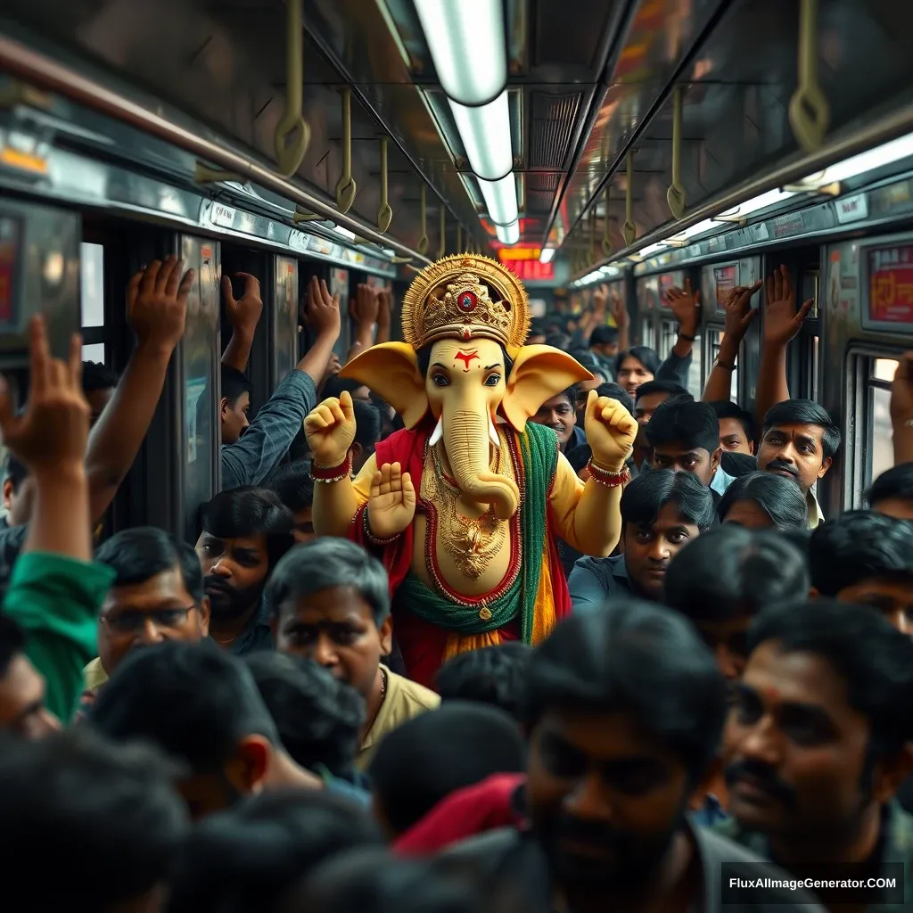 Lord Ganesha, depicted as a real human god, traveling in a packed Mumbai local train during the peak rush hour. The train is crowded, with every inch of space filled by daily commuters, all jostling for room. Ganesha, standing calmly amidst the crowd, blends in with the other passengers a touch of divine aura.

The scene should capture the essence of Mumbai's local trains: the hustle and bustle, the energy, and the diversity of people—office workers, students, and vendors—all squeezed together, holding onto the overhead handles or leaning against the doors. Despite the cramped space, there’s a sense of excitement in the air as a few passengers recognize Ganesha. Their expressions range from surprise to joy, with some whispering among themselves and others offering a silent prayer. unreal engine, 4k, evening time, little duct, smiling faces, happy, fast, speed.