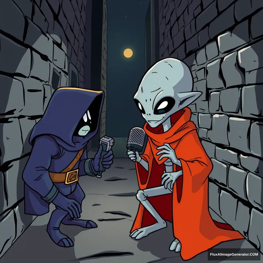 Indrid Cold and a grey alien doing a podcast in a dark alley. It's a cartoon from the 80s, like He-Man.