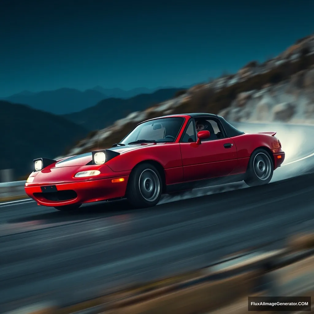 Create an image of a red 1989-1996 Mazda Miata drifting on a Japanese mountain at night.