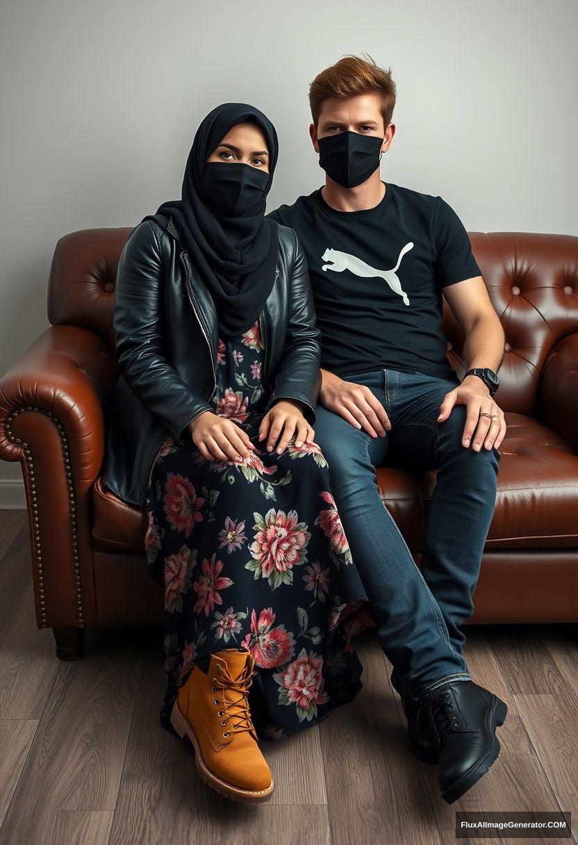 A big black hijab girl, slim girl, beautiful eyes, face mask black, black leather jacket, biggest floral long dress, Timberland boots, sitting on a leather single-wing sofa,

Jamie Dornan, youngest, wearing a black Puma T-shirt, jeans, black leather sneakers, tall man, face mask black, fit body, sitting near her,

hyper-realistic, studio photography.