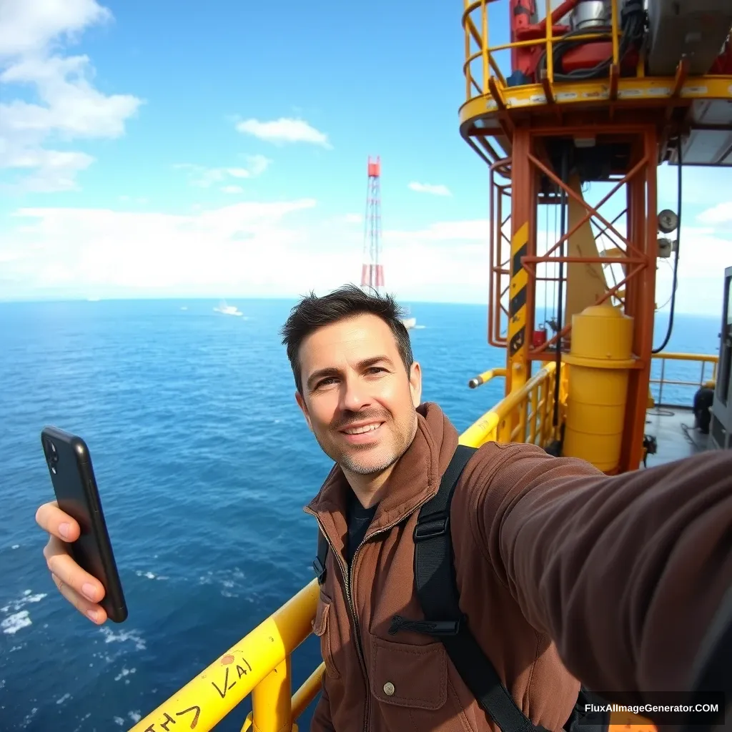 A man taking a selfie photo on an oil rig. - Image